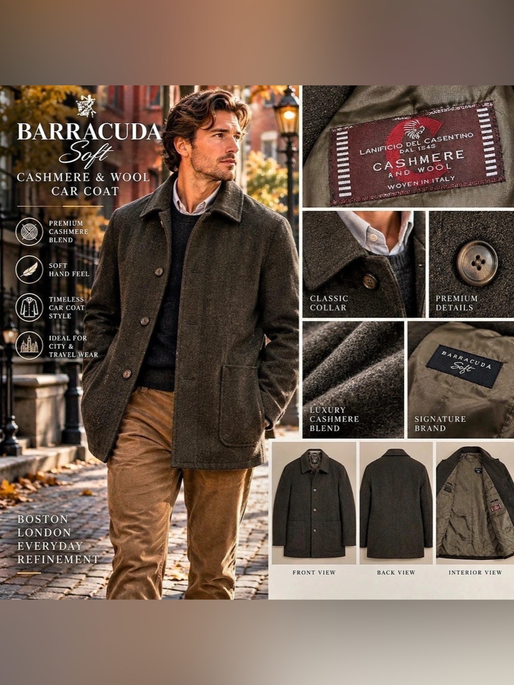 Barracuda Soft Cashmere Wool Car Coat Men’s Italian Fabric Luxury Overcoat Italy